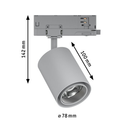 Gray metal LED spotlight with 78 mm diameter and 142 mm height, modern track lighting fixture