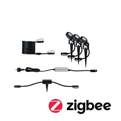 Zwart LED-tuiverlichtset met drie spots, kabels en stekkers voor Zigbee smart home bediening