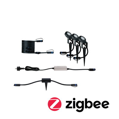 Schwarzes LED-Gartenlicht-Set mit drei Spots, Kabeln und Steckern für Zigbee Smart Home Steuerung
