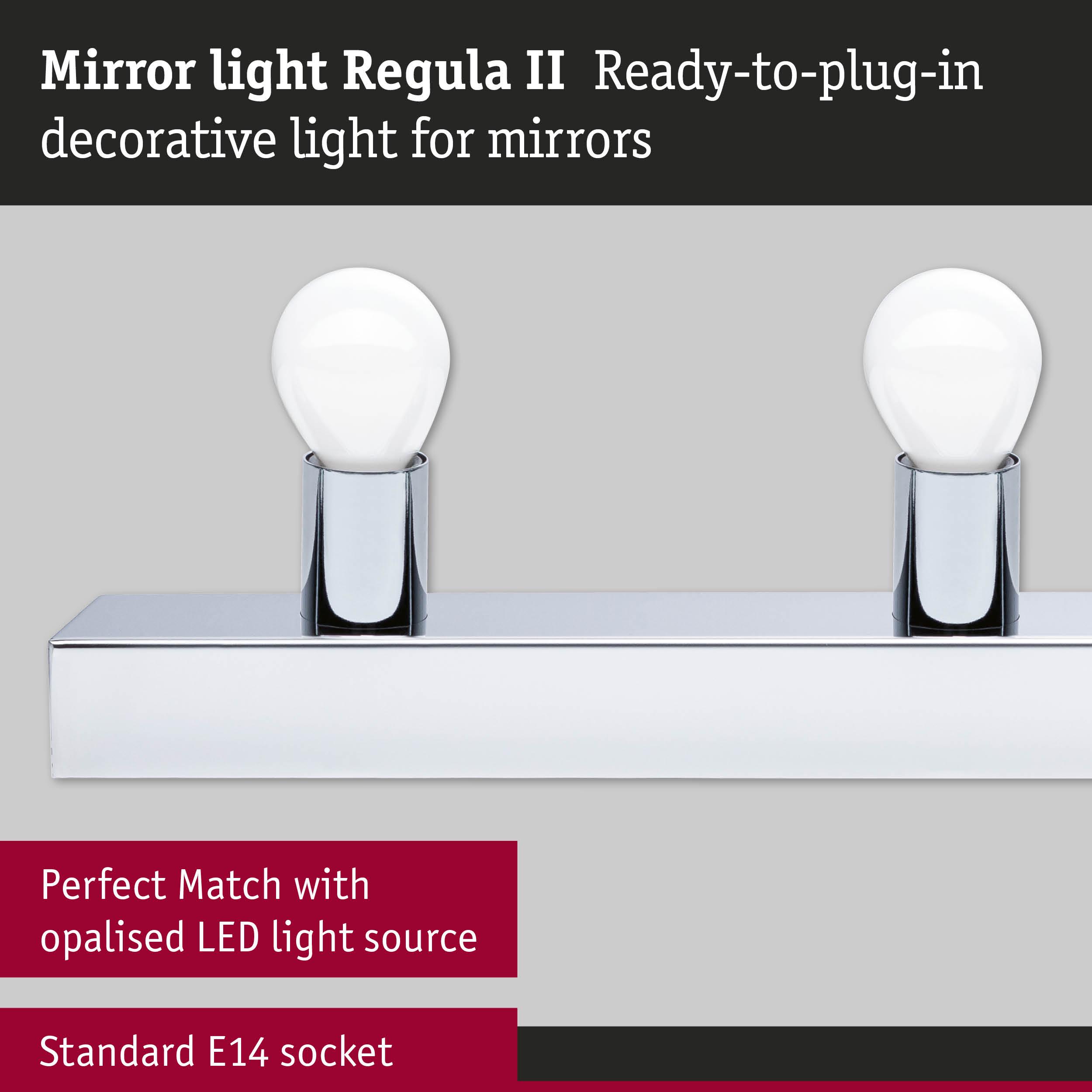Mirror light Regula II chrome metal with two E14 sockets for opalised LED bulbs