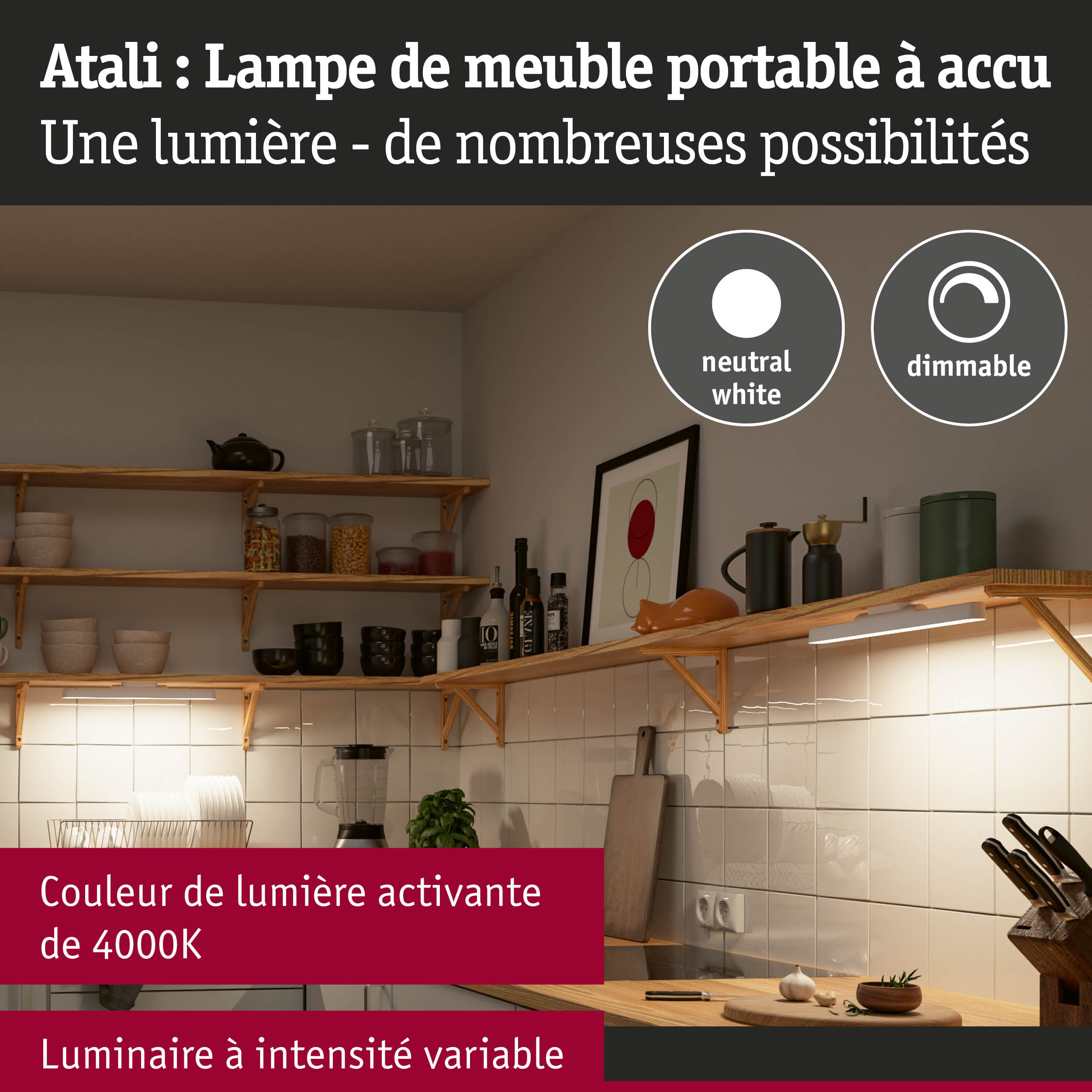 Étagère de cuisine avec lampe de meuble portable Atali à lumière blanche neutre dimmable 4000K