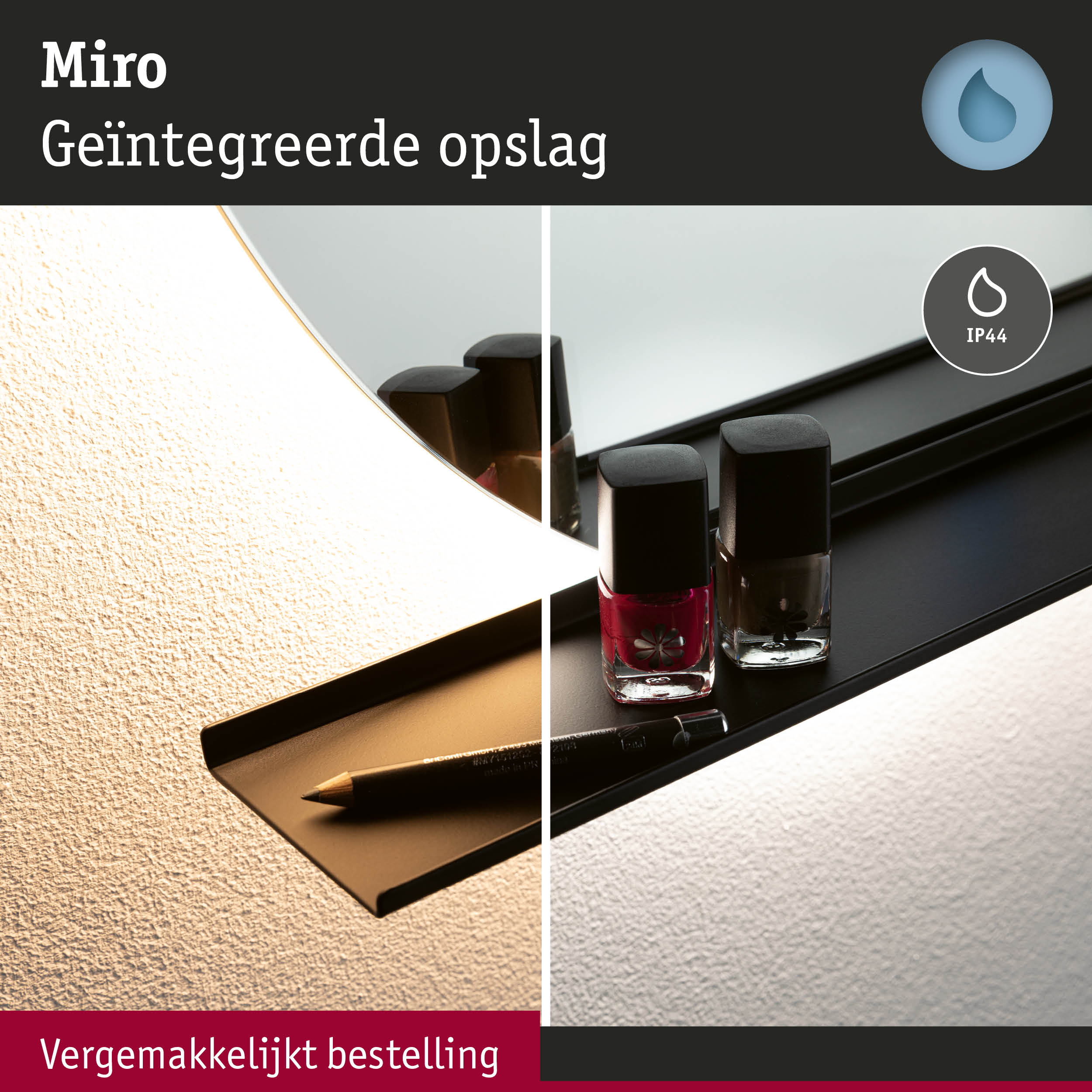 Zwart wandrek met geïntegreerde opslag en IP44 bescherming voor badkamer of vochtige ruimtes