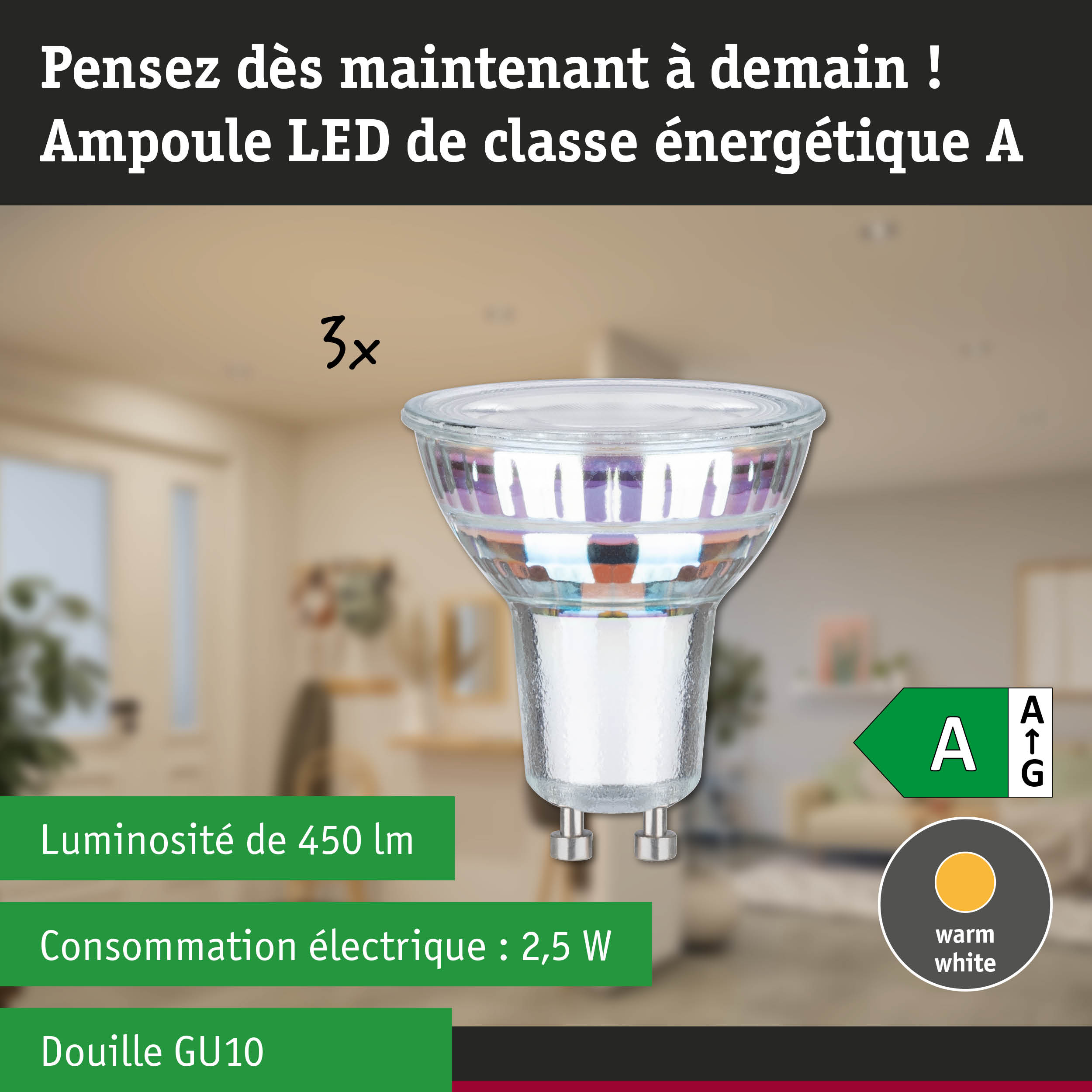 Ampoule LED transparente GU10 en blanc chaud, lampe LED ultra-efficace et économique