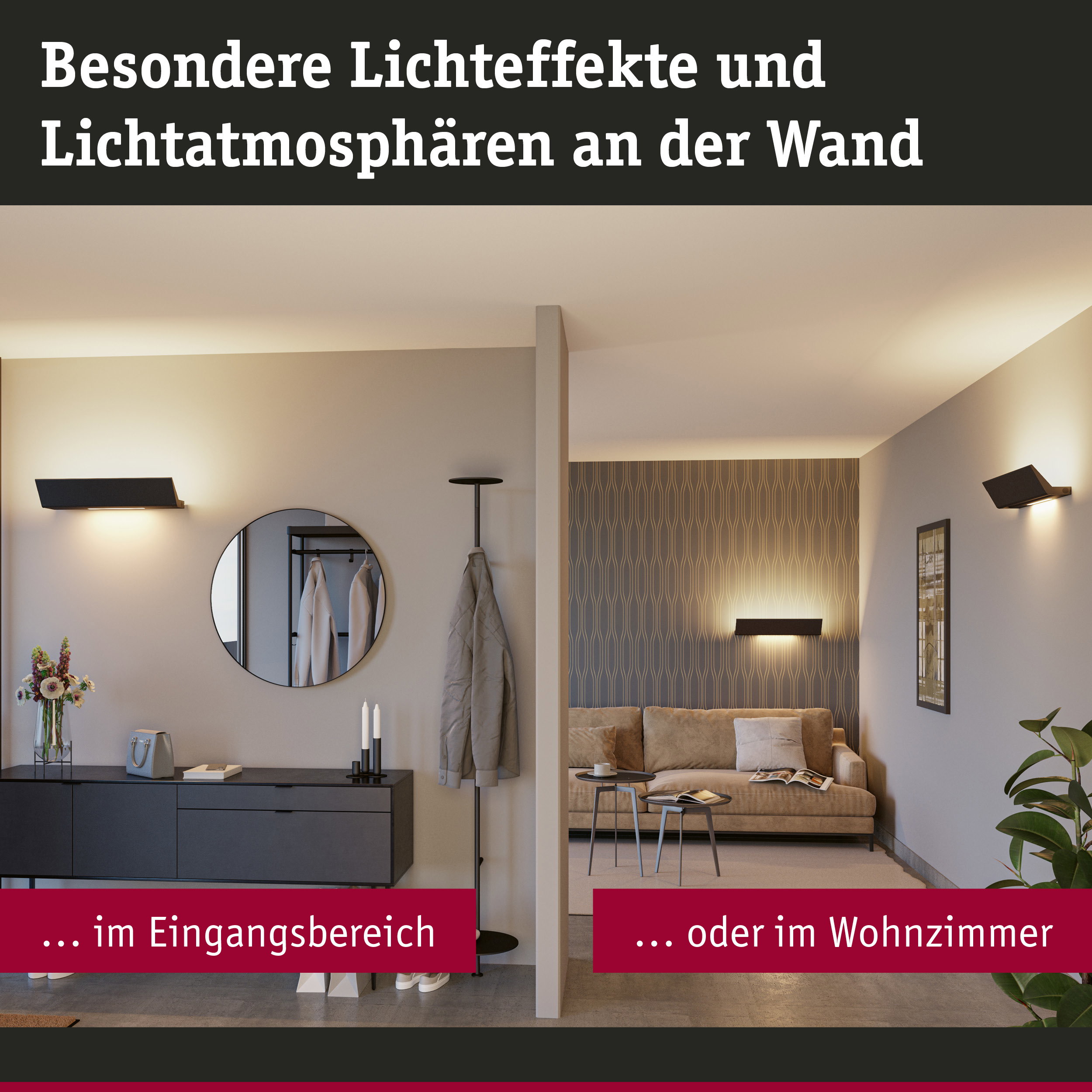 Moderne schwarze Wandleuchten mit warmem Licht in Eingangsbereich und Wohnzimmer für stimmungsvolle Beleuchtung