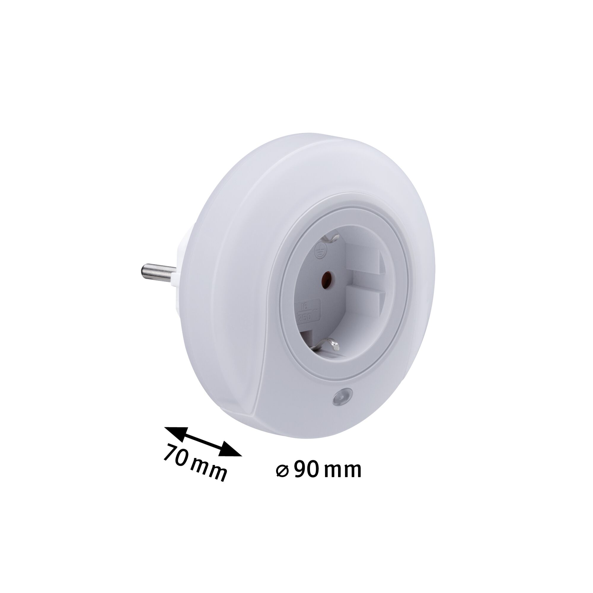 Runde weiße Steckdose mit integriertem Sensor, 90 mm Durchmesser, 70 mm Tiefe, Elektroinstallation