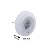 Round white power socket with built-in sensor, 90 mm diameter, 70 mm depth, electrical installation
