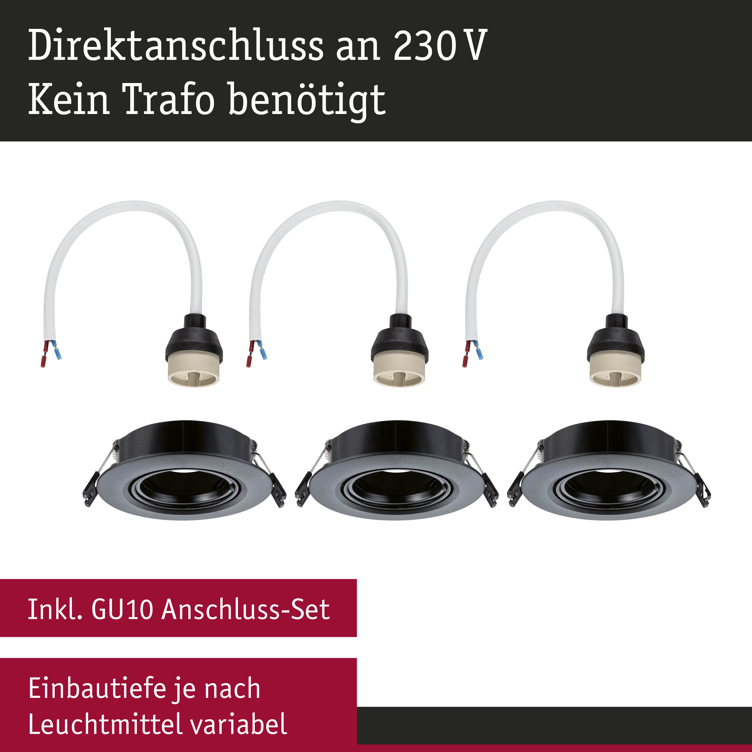 Drei schwarze Einbaustrahler mit GU10 Anschluss-Set und weißem Kabel für 230V Direktanschluss