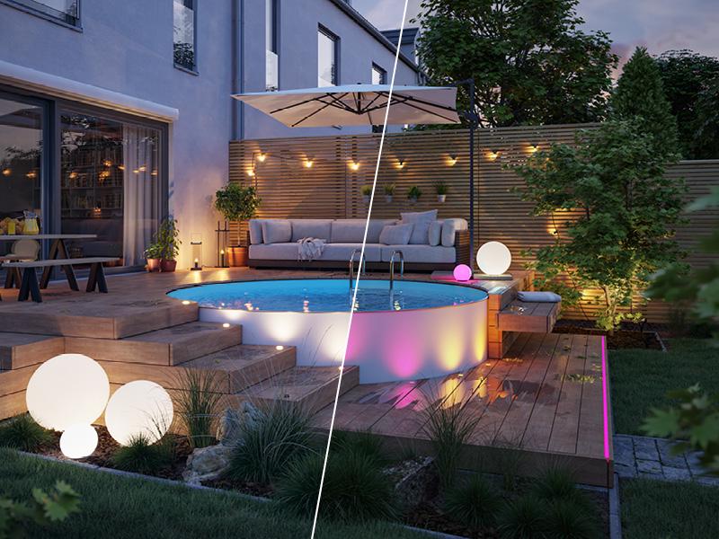 Moderner Garten mit runden weißen Außenleuchten und beleuchtetem Pool auf Holzterrasse bei Abendlicht