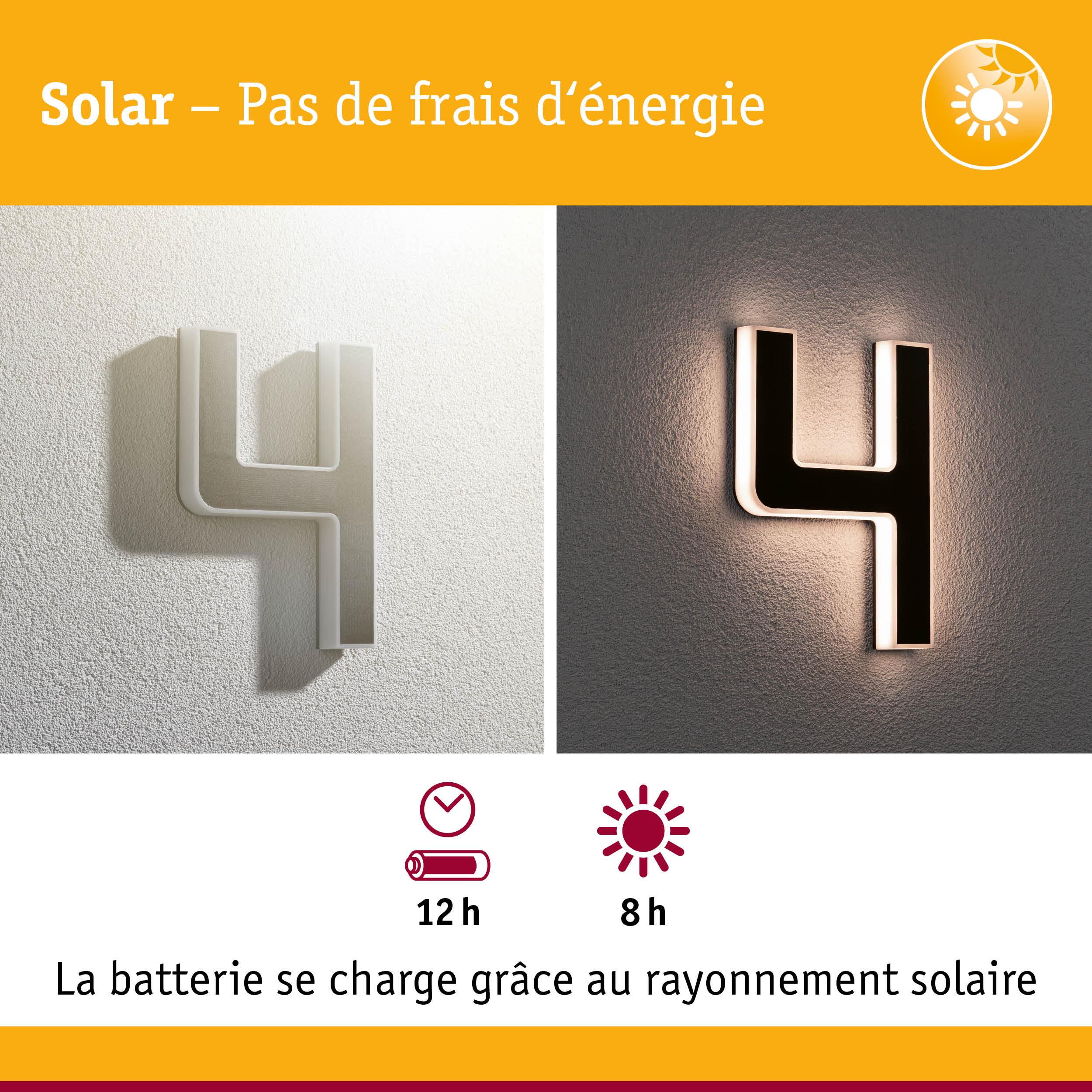Numéro de maison solaire 4 blanc avec éclairage LED, lampe murale extérieure économique
