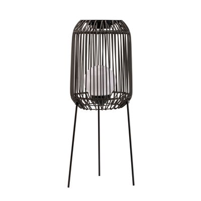 Black metal floor lamp with cage design and white glass globe, modern indoor lighting
