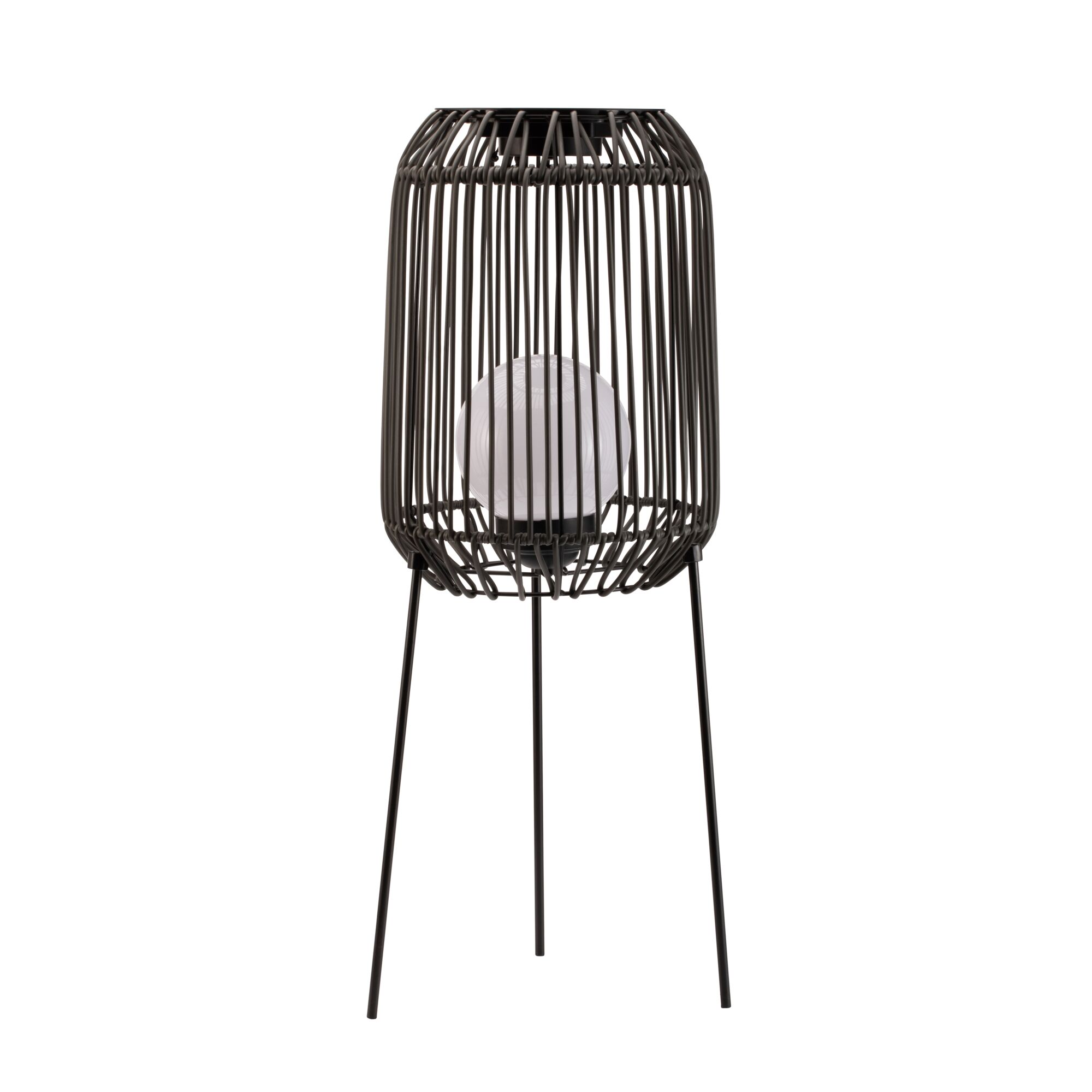 Schwarze Metall-Stehlampe mit Gitterstruktur und weißer Glaskugel, modernes Wohnraumlicht