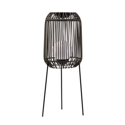Black metal floor lamp with cage design and white glass globe, modern indoor lighting