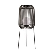 Floor lamp with black metal frame and cage design, modern LED lighting for living spaces