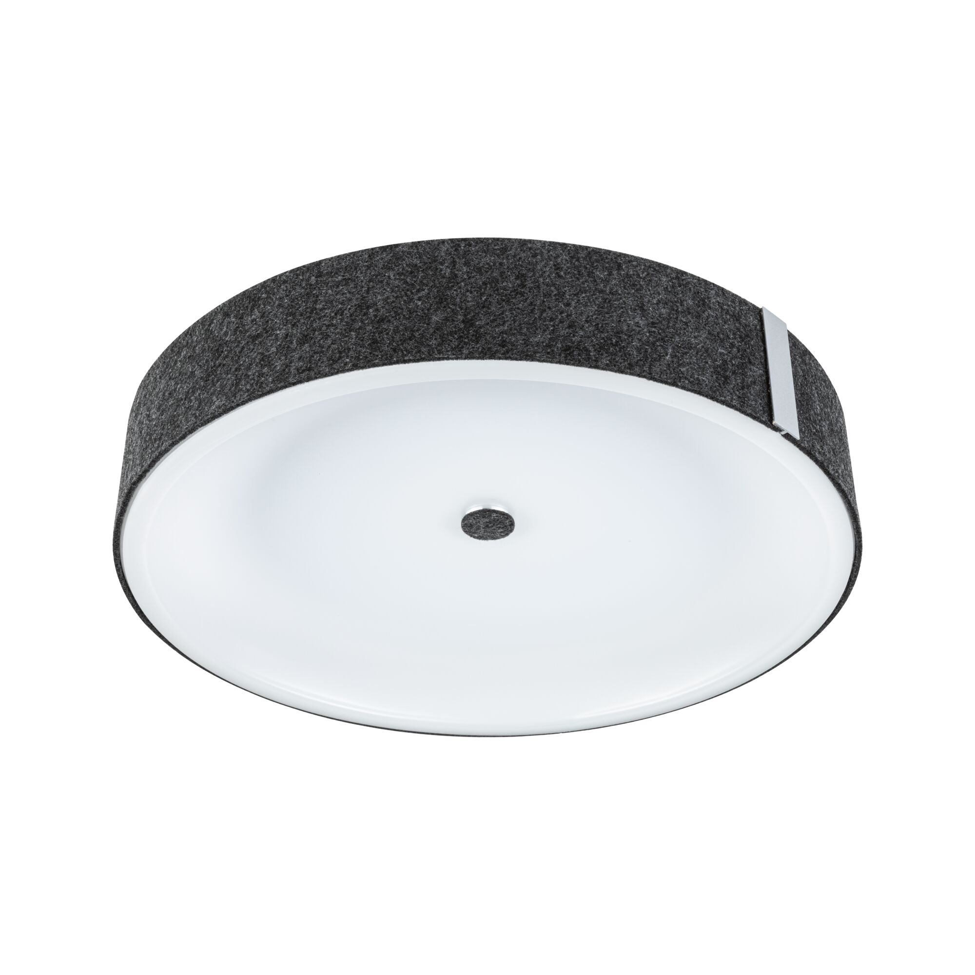 Round ceiling light with white diffuser and grey felt edge, modern LED indoor lighting