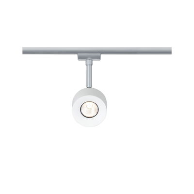 Modern white metal LED spotlight on silver track for flexible room lighting solution