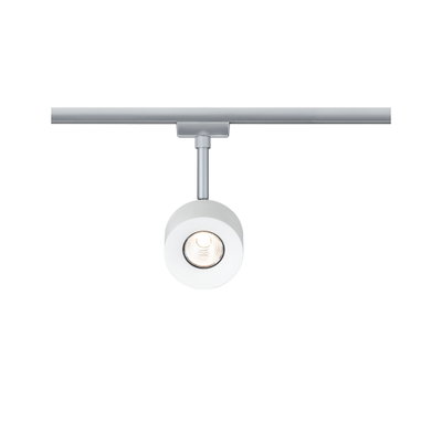 Moderner weißer LED-Strahler aus Metall an silberner Schiene für flexible Raumbeleuchtung