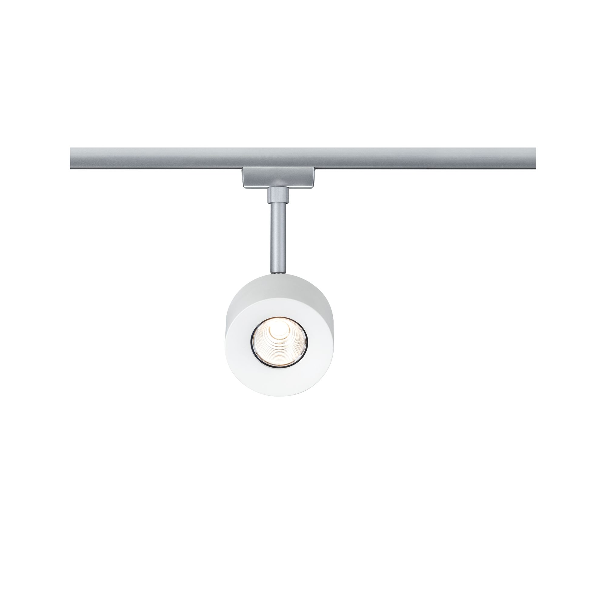 Moderner weißer LED-Strahler aus Metall an silberner Schiene für flexible Raumbeleuchtung