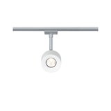 Moderner weißer LED-Strahler aus Metall an silberner Schiene für flexible Raumbeleuchtung