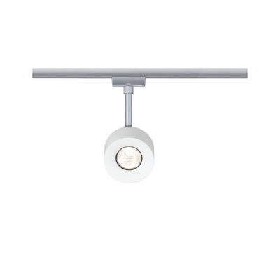 Moderner weißer LED-Strahler aus Metall an silberner Schiene für flexible Raumbeleuchtung