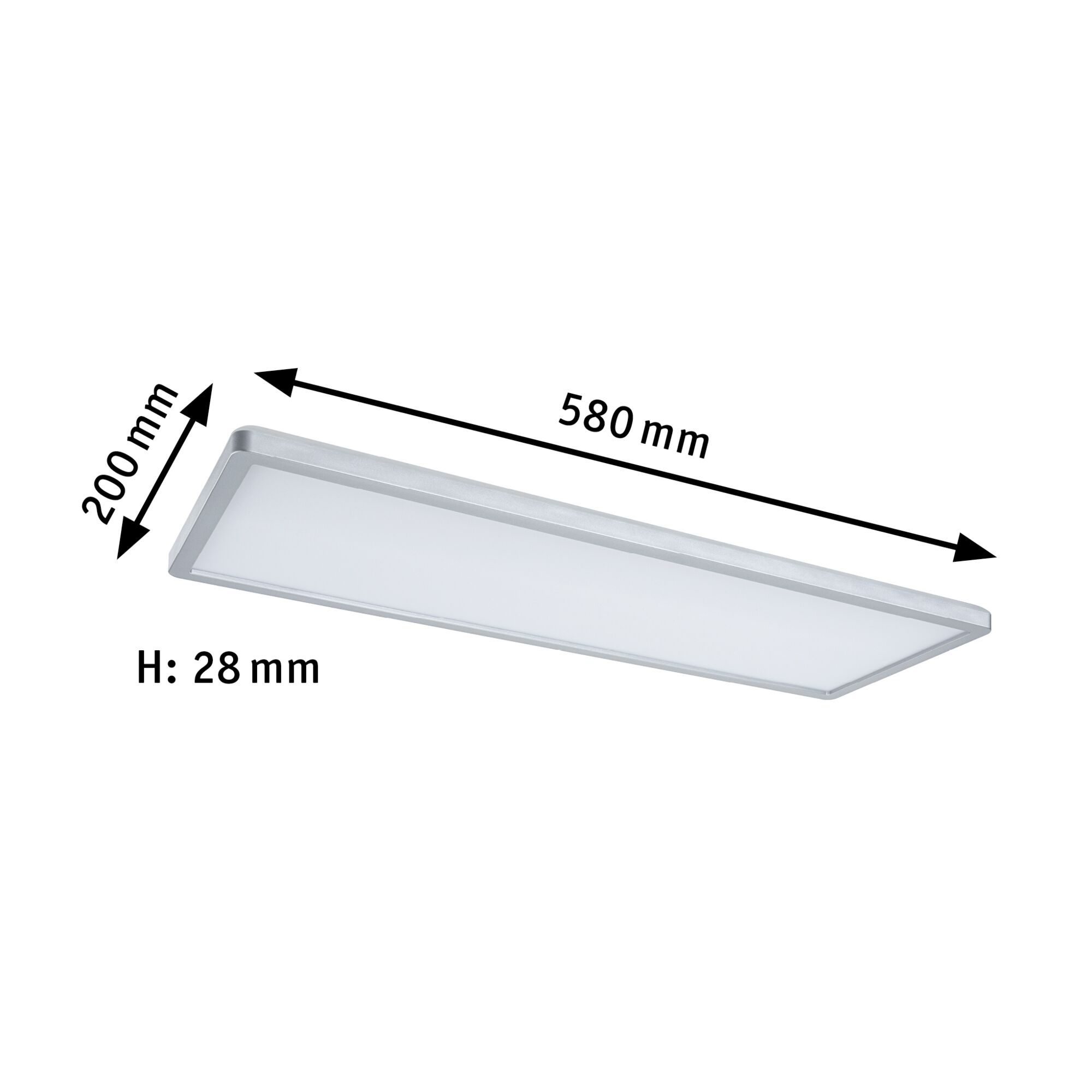 Rechteckige LED-Deckenleuchte aus Aluminium in Silber mit Maßen 580x200x28 mm für Wohnräume