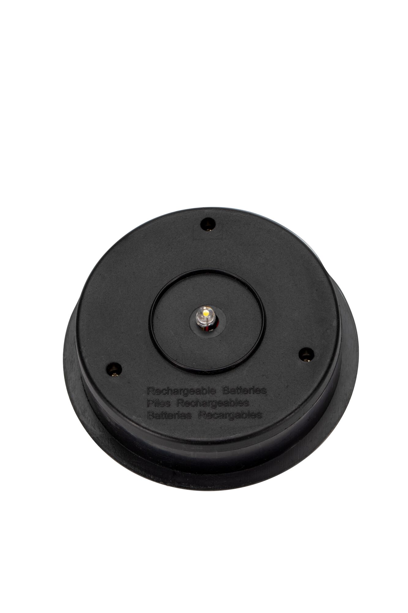 Round black plastic LED module with central LED and screw holes for lighting systems