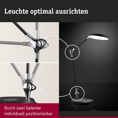 Schwarze LED-Tischleuchte mit zwei verstellbaren Gelenken aus Chrom für flexible Lichtausrichtung
