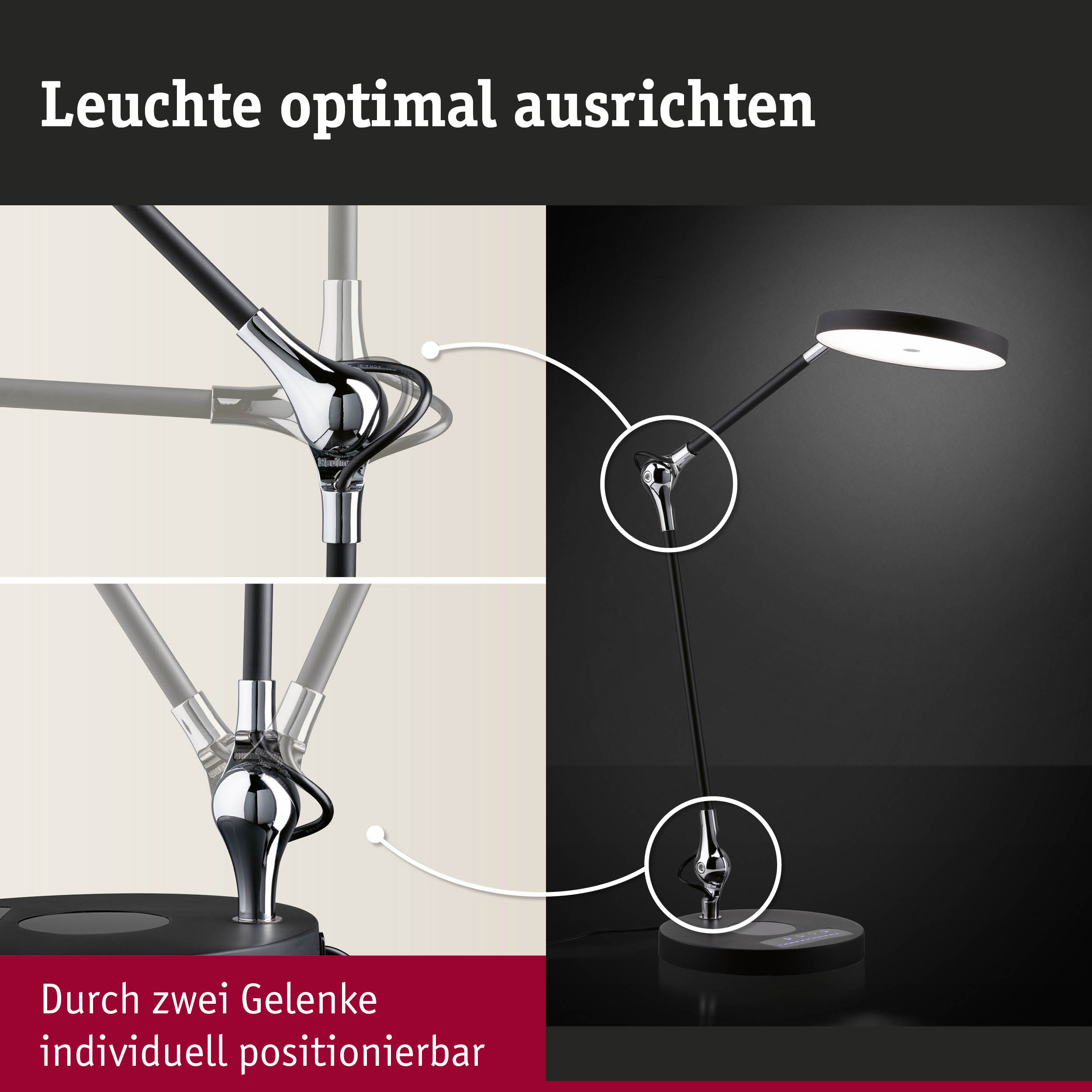 Schwarze LED-Schreibtischlampe mit verstellbarem Gelenk und chromfarbenem Metall für flexible Beleuchtung