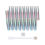 Multicolour LED light strips with flexible aluminium base and white connector cable for RGB lighting