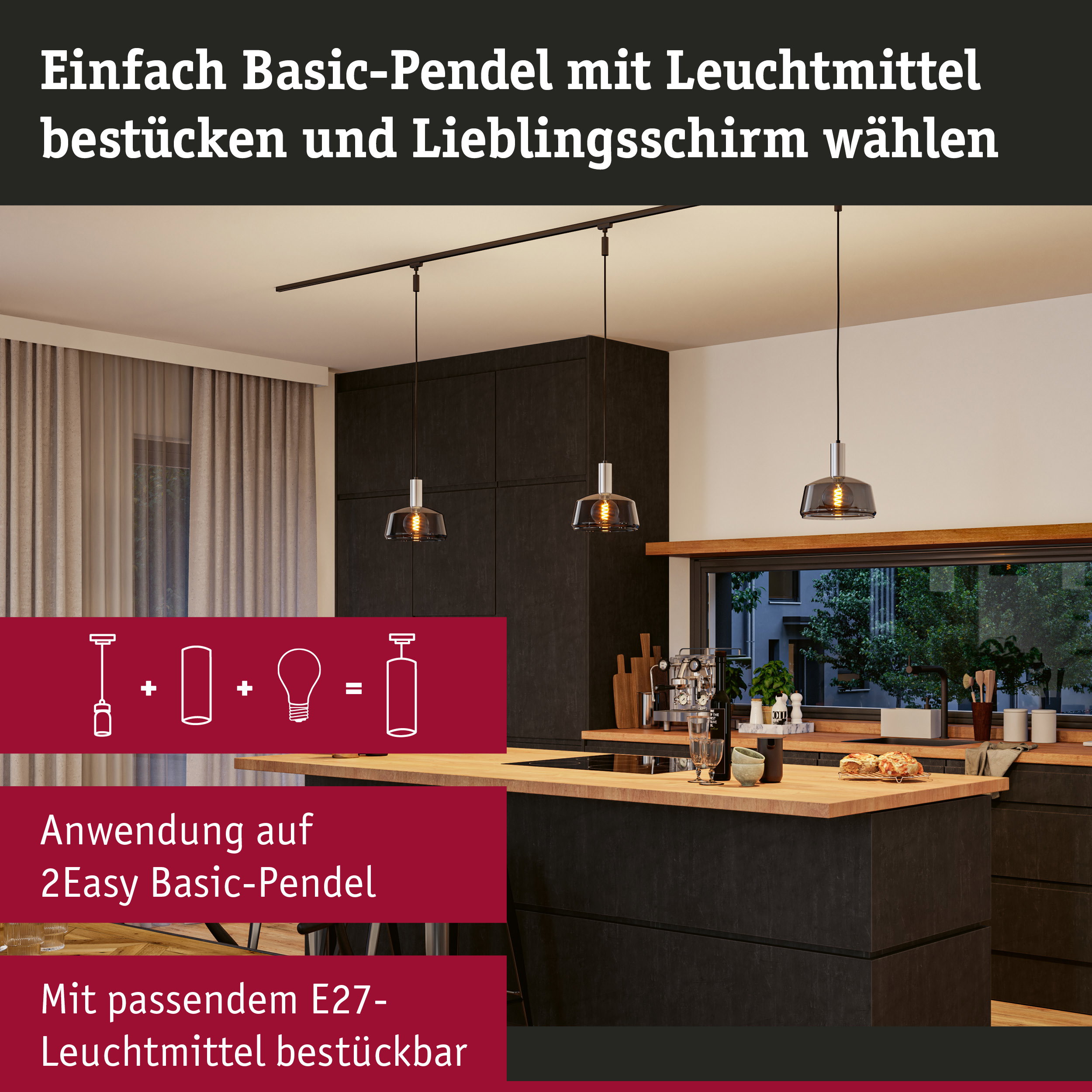 Moderne Küche mit drei hängenden Pendelleuchten aus schwarzem Glas und warmem Licht