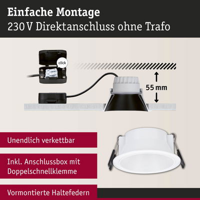 Weißer LED-Einbaustrahler mit Anschlussbox und Doppelschnellklemme, 55 mm Einbautiefe, einfache Montage