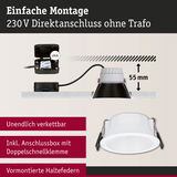 Weißer LED-Einbaustrahler mit Anschlussbox und Doppelschnellklemme, 55 mm Einbautiefe, einfache Montage