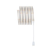 Flexibler LED-Lichtstreifen in warmweiß mit weißem Anschlusskabel für vielseitige Beleuchtung.