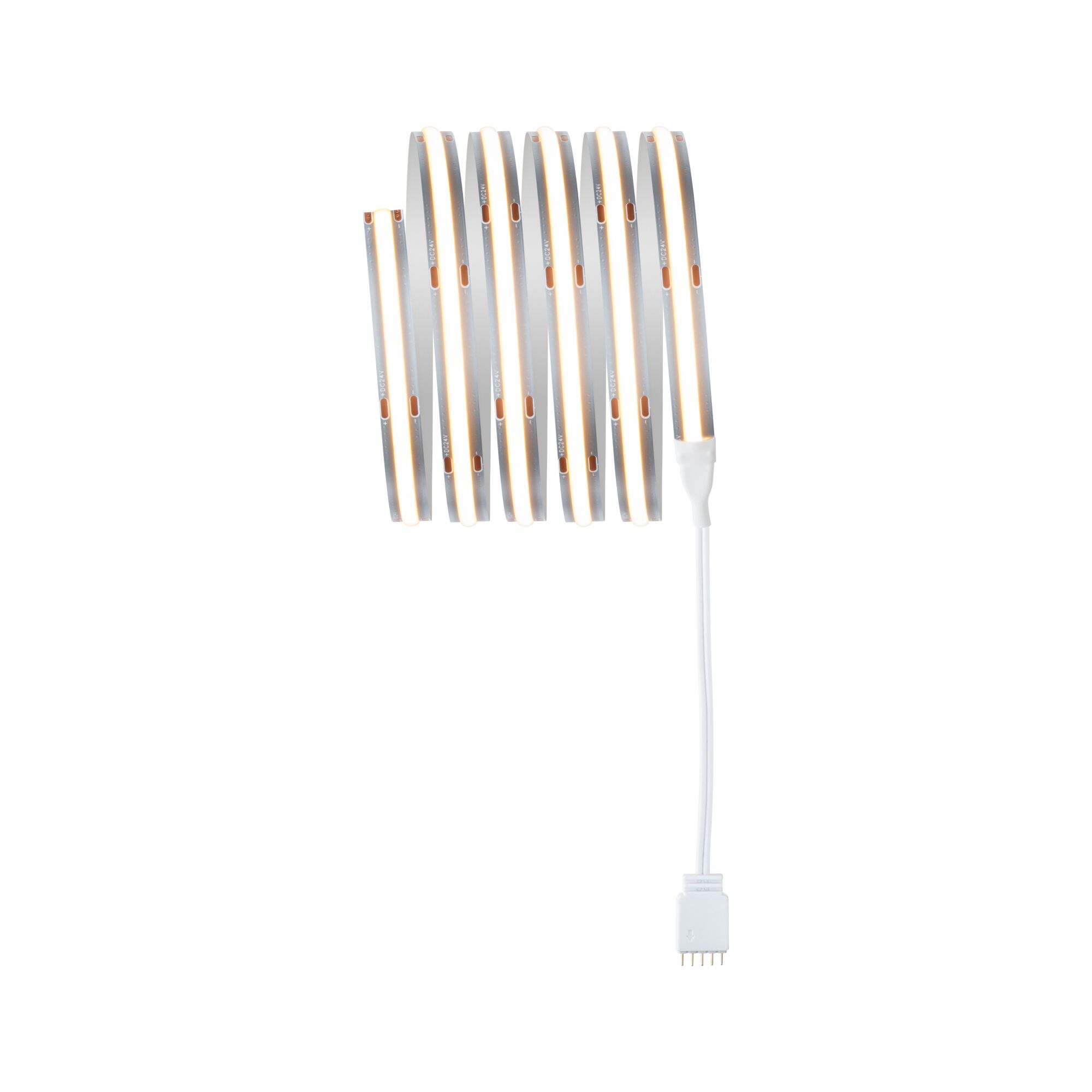 Flexibler LED-Lichtstreifen in warmweiß mit weißem Anschlusskabel für vielseitige Beleuchtung.