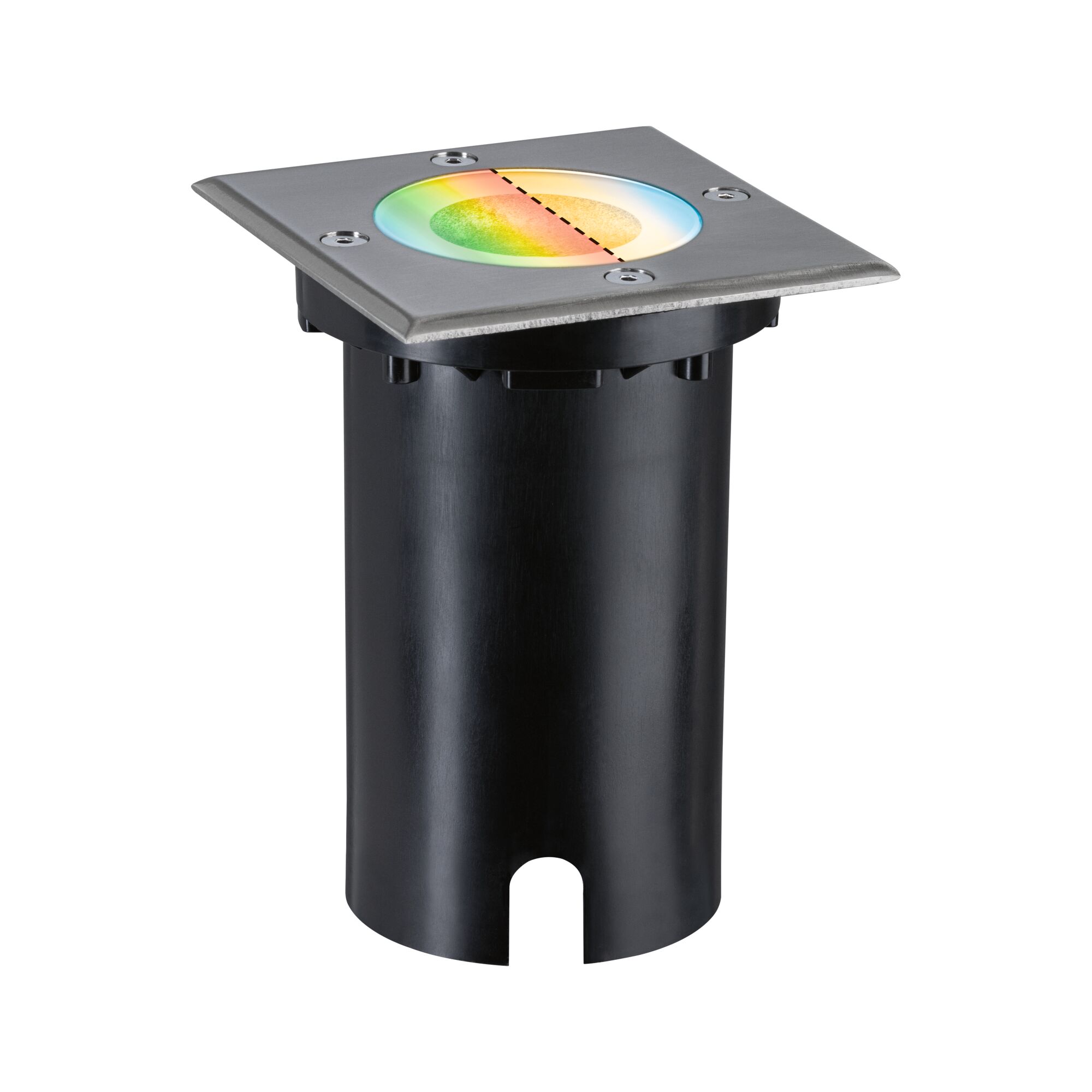 Ground spotlight with square stainless steel cover and black housing for outdoor lighting