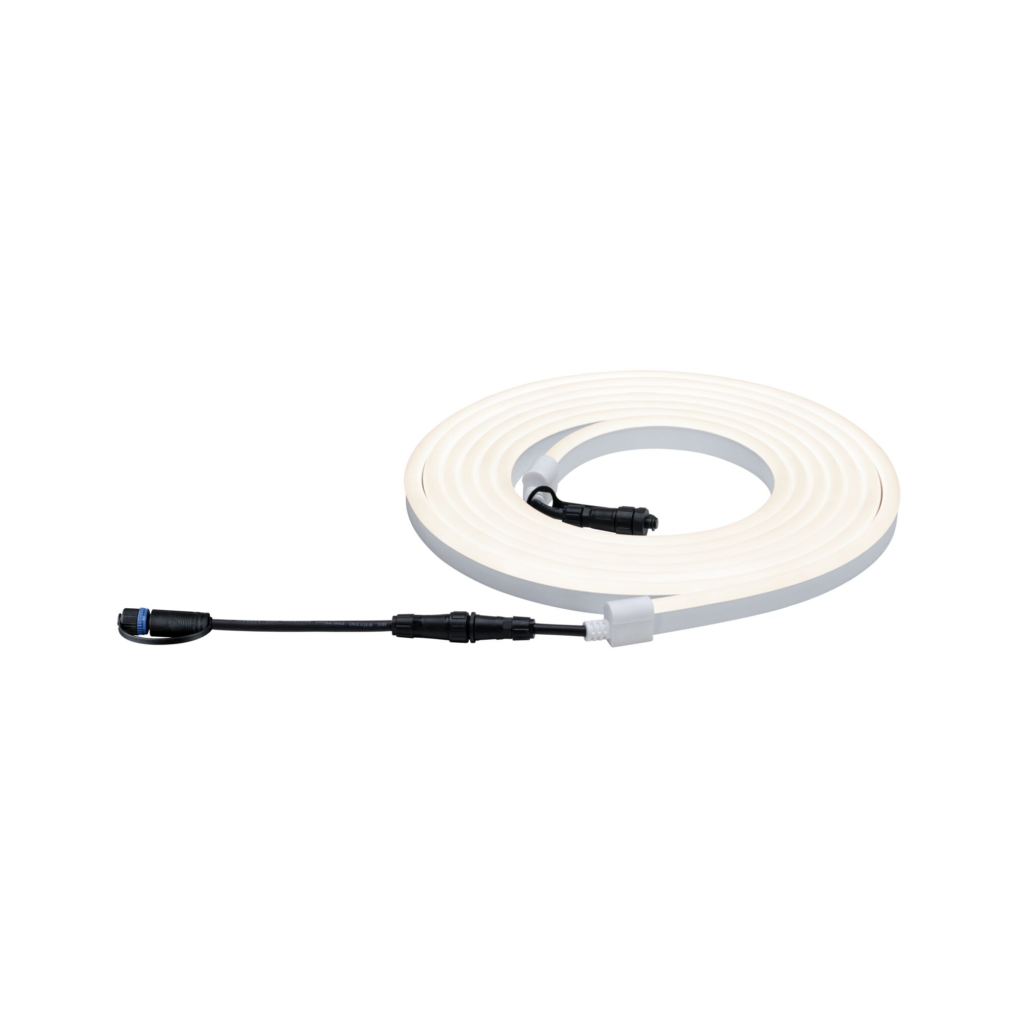 Flexible white LED light strip with black connector cable for modern lighting solutions