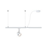 White metal LED spotlight on track system with flexible cable for modern interior lighting solutions