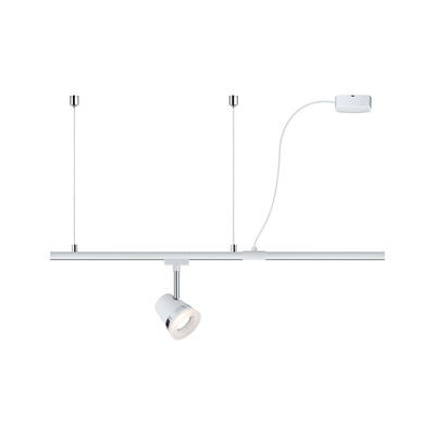 White metal LED spotlight on track system with flexible cable for modern interior lighting solutions