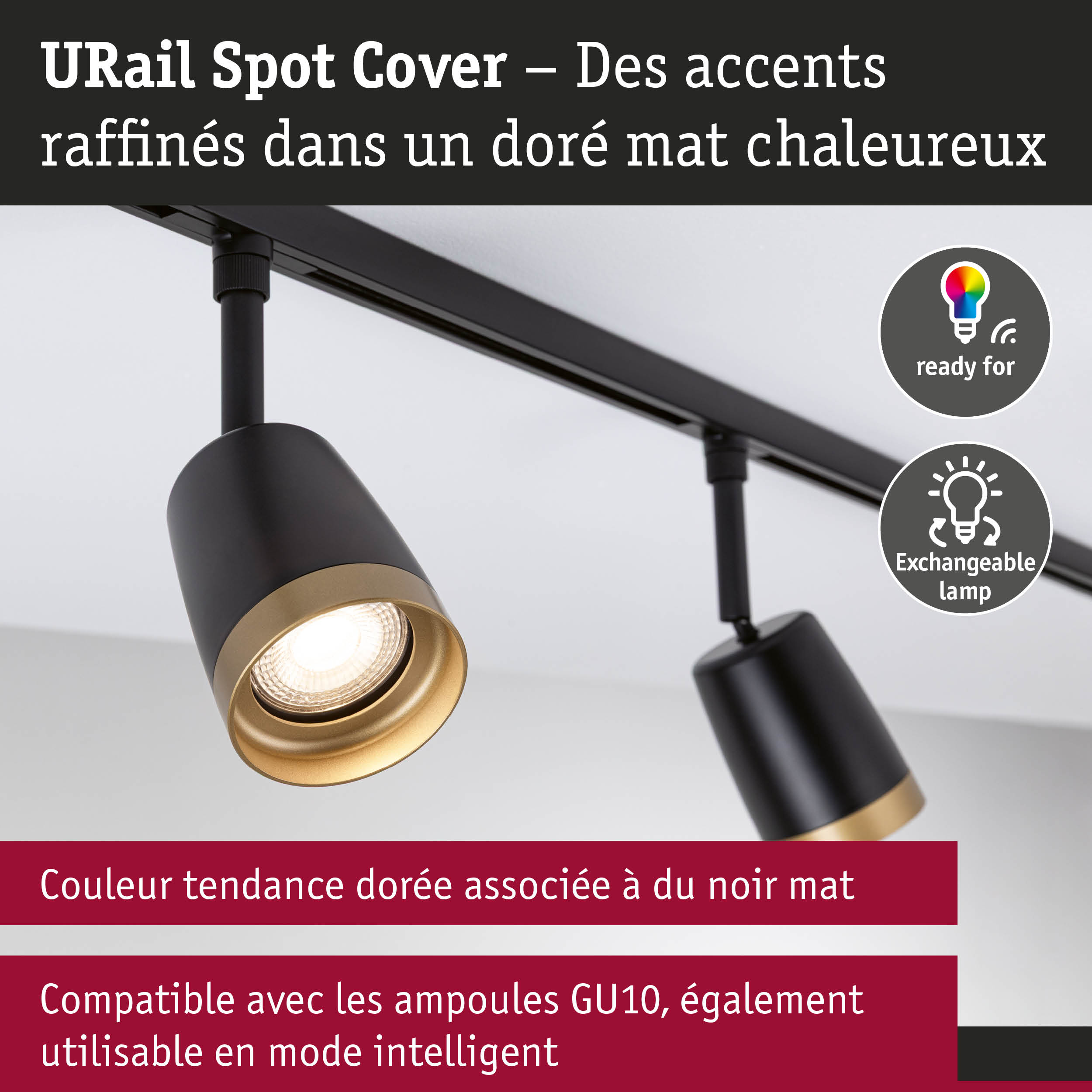 URail Spot Cover noir mat avec accent doré chaud, compatible ampoules GU10 et éclairage intelligent