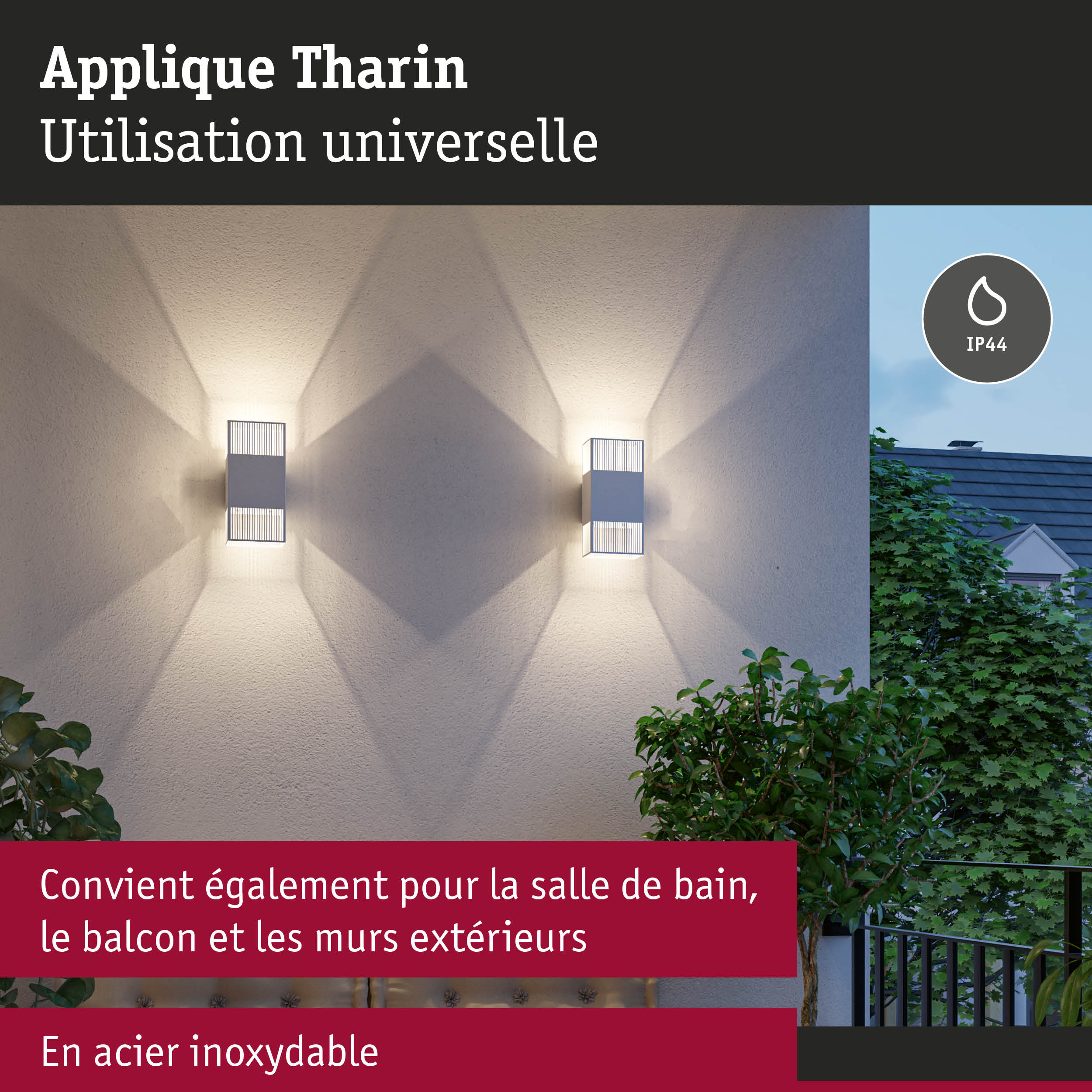 Applique murale blanche en acier inoxydable Tharin avec indice IP44 pour salle de bain, balcon et murs extérieurs
