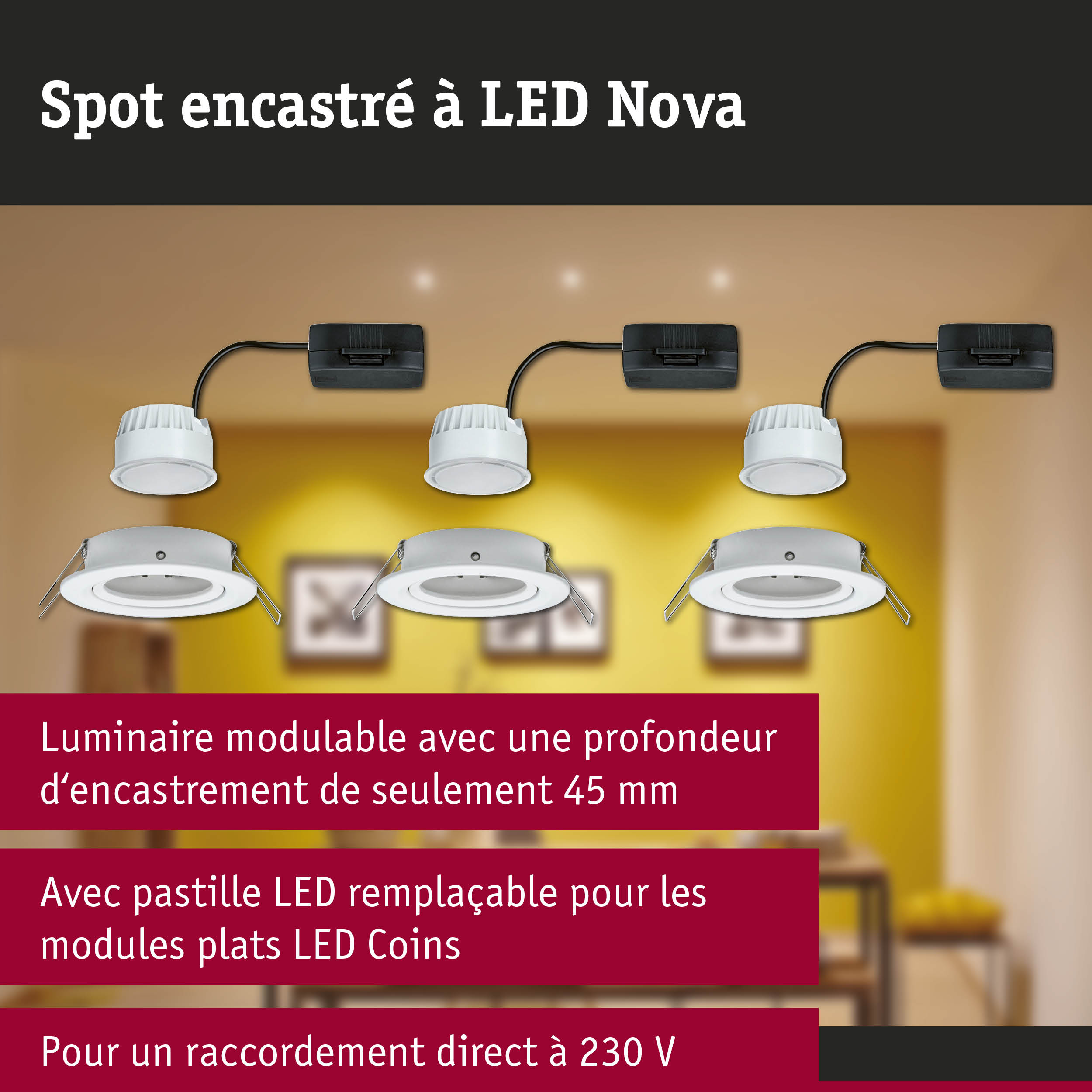 Spot encastré LED Nova blanc avec boîtier noir pour un éclairage intérieur économique