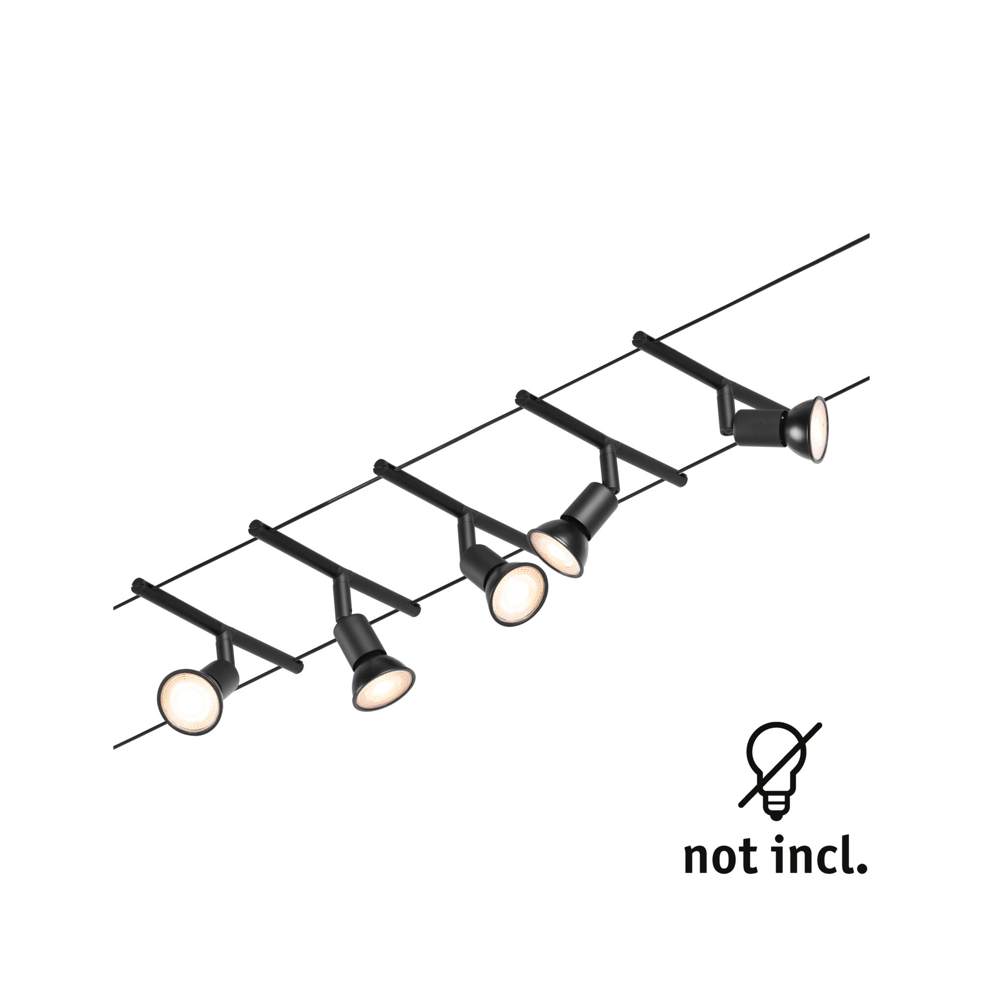 Zwart LED-kabelverlichtingssysteem met vijf verstelbare spots, modern ontwerp voor flexibele verlichting