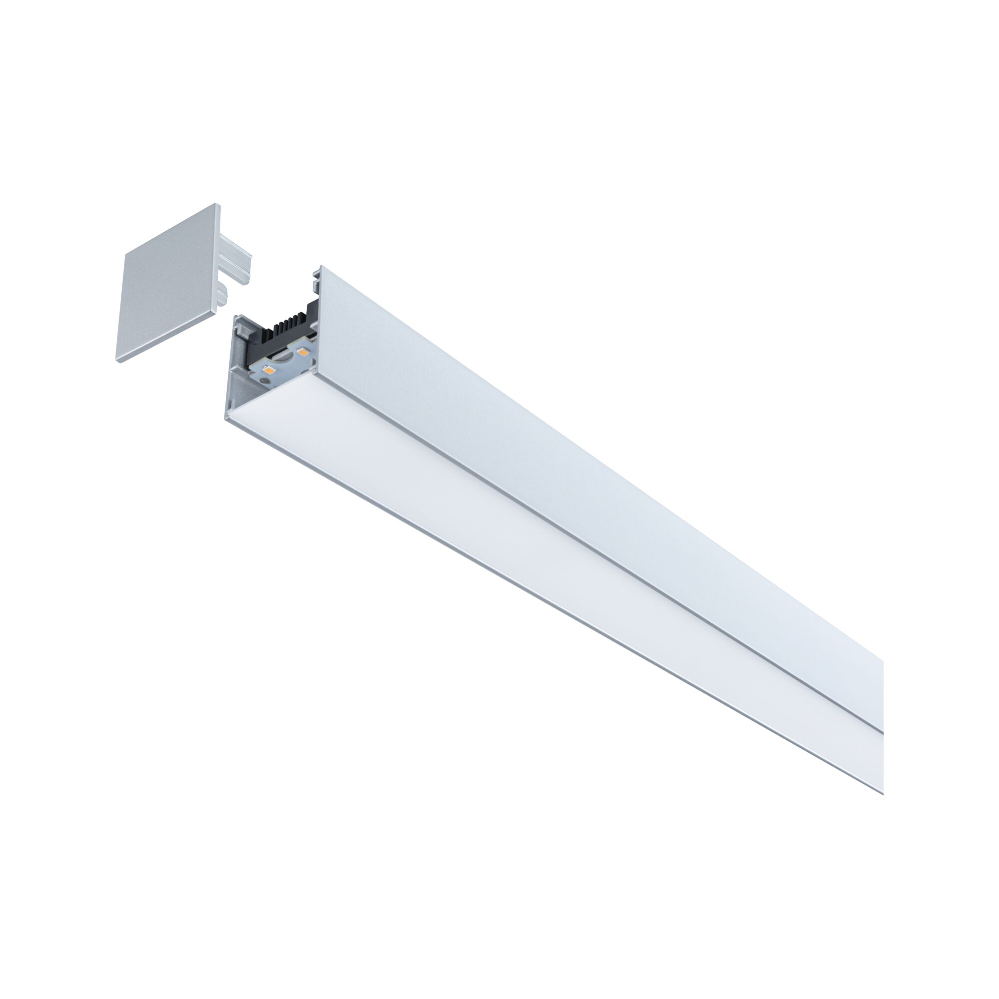 Langes weißes Aluminium-LED-Profil mit abnehmbarem Endstück für moderne Lichtinstallationen