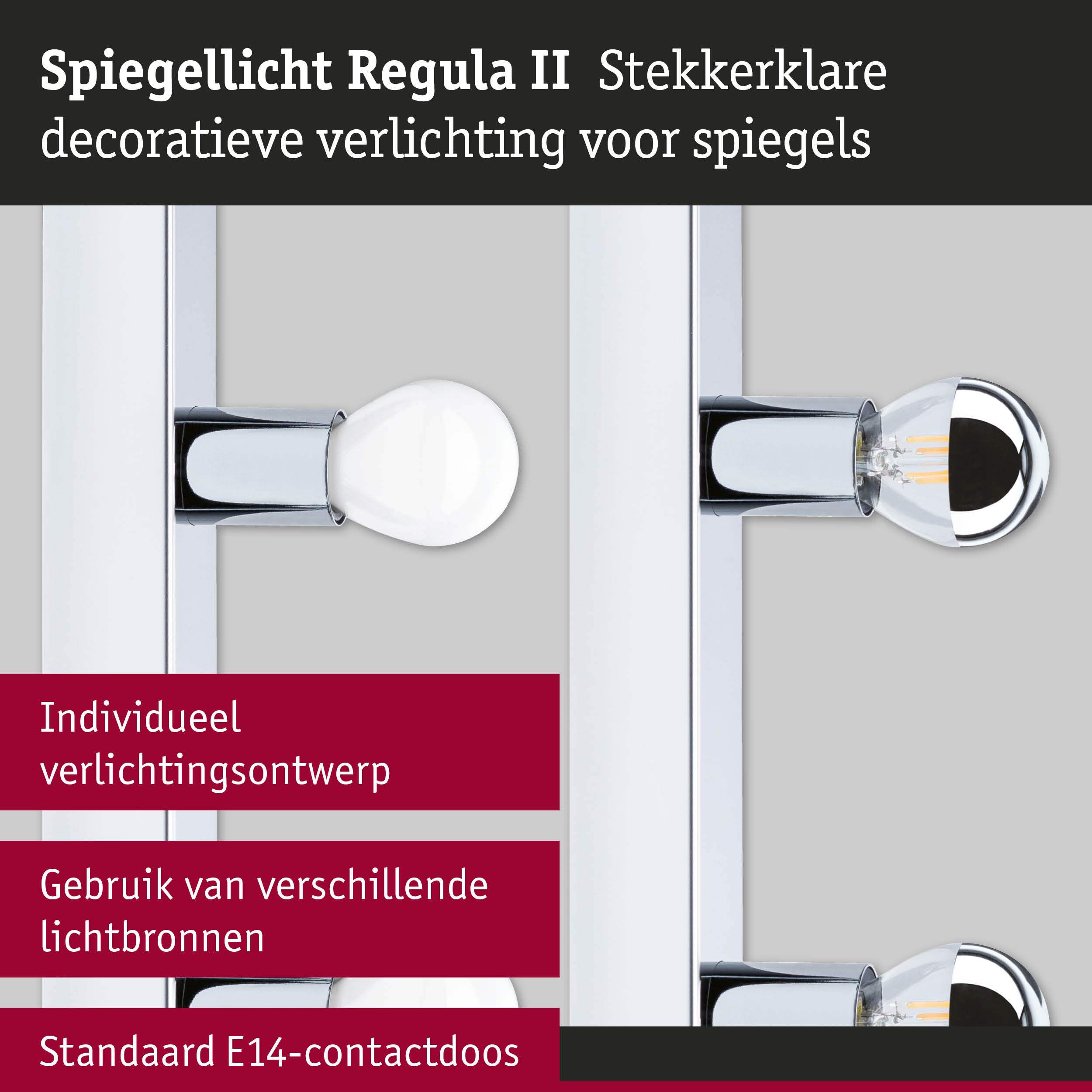 Spiegellicht Regula II met chromen houder en E14 LED-lamp voor decoratieve spiegelverlichting