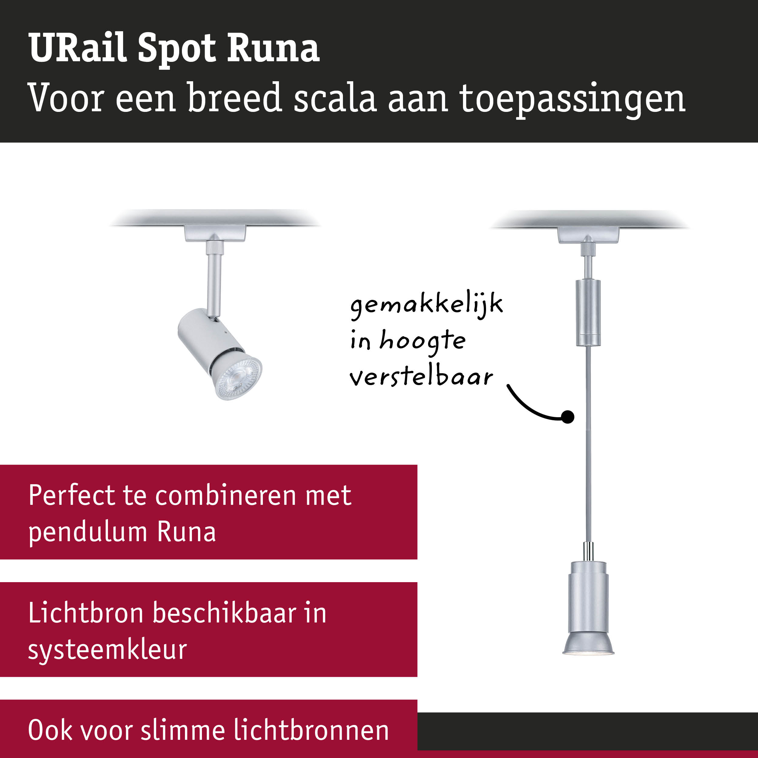Zilveren URail Spot Runa metalen spot met verstelbare hoogte voor flexibele verlichting