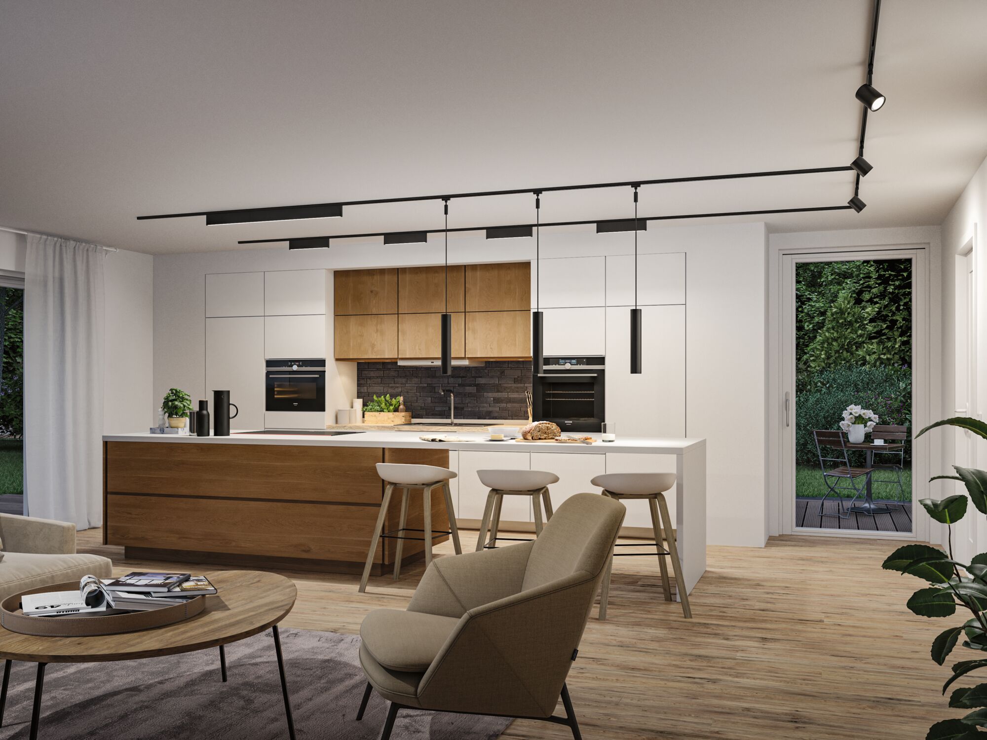Modern kitchen with wooden fronts and black LED track lighting on white ceiling