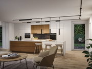 Modern kitchen with wooden fronts and black LED track lighting on white ceiling