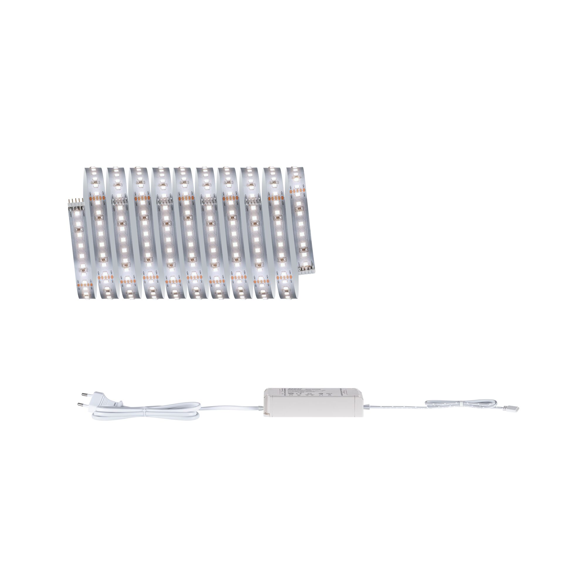 Flexibler LED-Lichtstreifen mit Netzteil in Weiß für moderne Innenbeleuchtung und Lichtakzente.