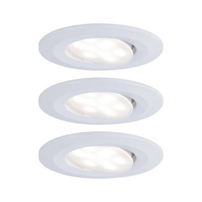 Drei weiße LED-Einbaustrahler aus Kunststoff mit schwenkbarem Leuchtkopf für flexible Beleuchtung