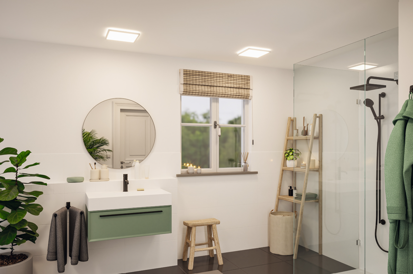 Modernes Badezimmer mit zwei quadratischen LED-Deckenleuchten in Weiß für helle Raumbeleuchtung