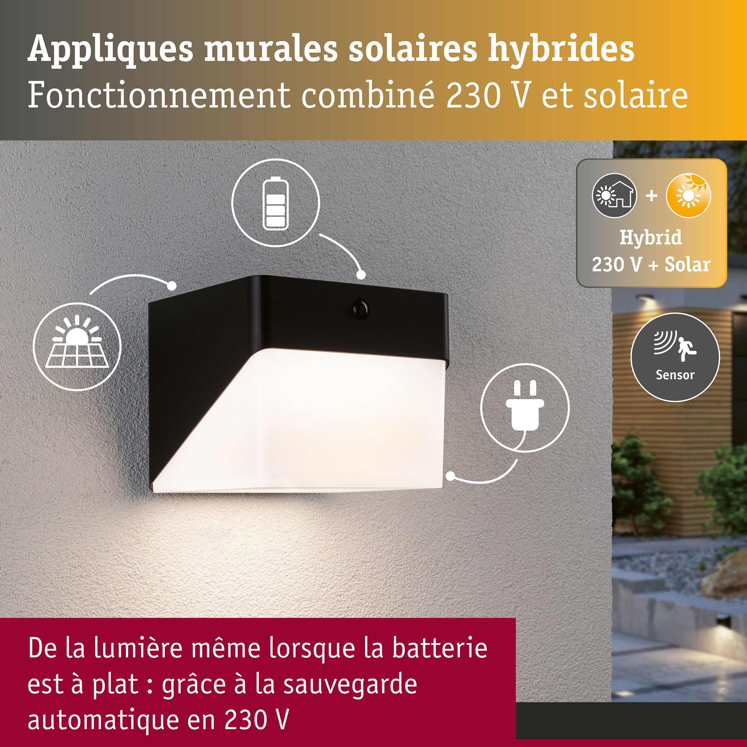 Hybrid Applique d'extérieur LED Lioren House 230V + Solaire IP44 carré 170x170mm 3000K 2,3W 230lm 230V Noir